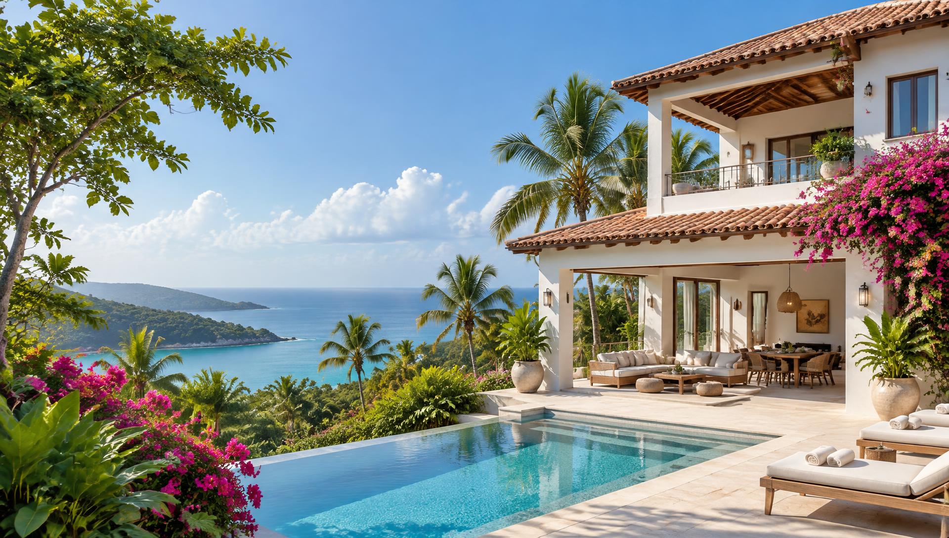 Bright tropical villa overlooking a Caribbean bay